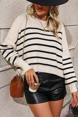 Striped Dropped Shoulder Round Neck Pullover Sweater - Trendsi - Flyclothing LLC
