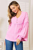 Double Take Exposed Seam Buttoned Notched Neck Blouse - Trendsi