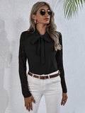 Tie Neck Spliced Lace Long Sleeve Top - Trendsi