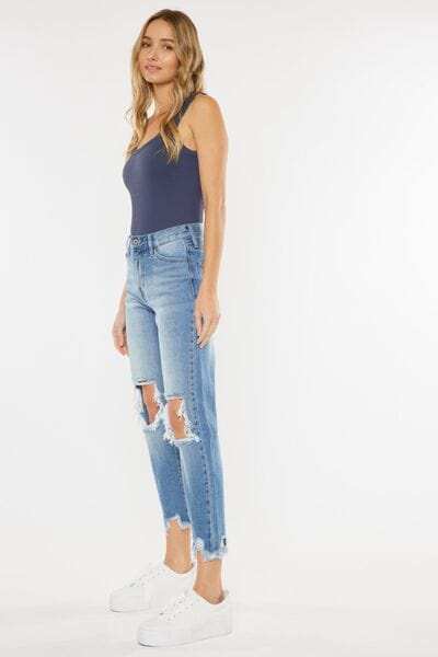 Kancan High Waist Chewed Up Straight Mom Jeans - Trendsi - Flyclothing LLC