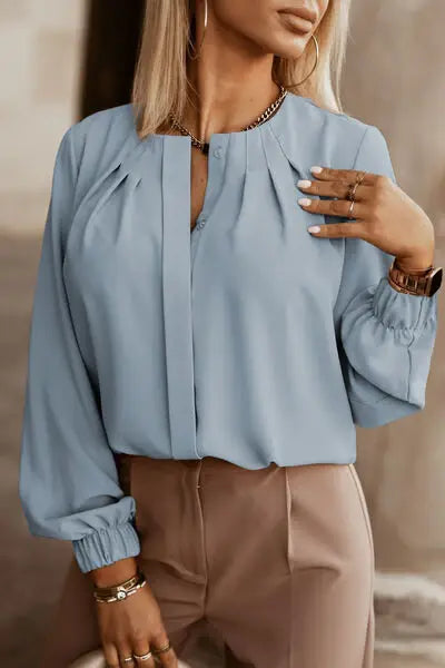 Button Up Round Neck Long Sleeve Shirt - Trendsi - Flyclothing LLC