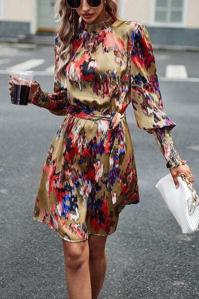 Printed Tie Waist Mock Neck Lantern Sleeve Dress - Trendsi - Flyclothing LLC