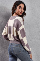 Color Block Round Neck Dropped Shoulder Sweater - Trendsi