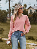Swiss Dot V-Neck Long Sleeve Blouse - Trendsi