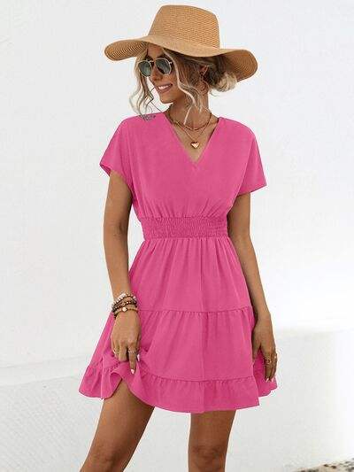 Ruffled Smocked V-Neck Tiered Dress - Trendsi - Flyclothing LLC