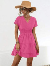 Ruffled Smocked V-Neck Tiered Dress - Trendsi - Flyclothing LLC