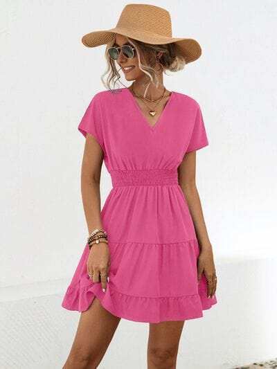 Ruffled Smocked V-Neck Tiered Dress - Trendsi - Flyclothing LLC