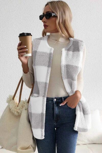 Sherpa Plaid Open Front Vest Coat - Flyclothing LLC