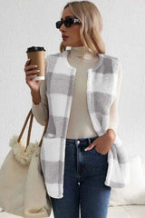 Sherpa Plaid Open Front Vest Coat - Flyclothing LLC