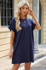 Round Neck Rolled Short Sleeve Tee Dress - Trendsi - Flyclothing LLC