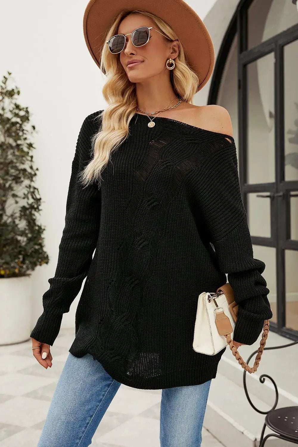 Boat Neck Dropped Shoulder Knit Top - Trendsi - Flyclothing LLC