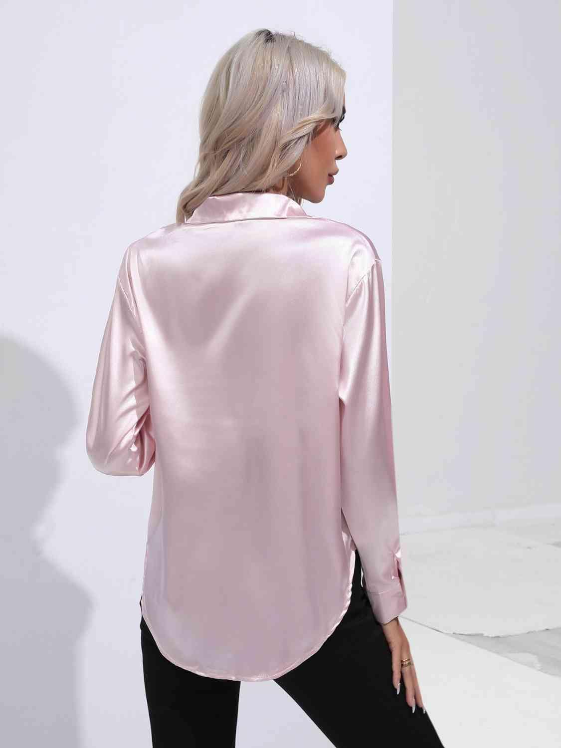 Collared Neck Buttoned Long Sleeve Shirt - Trendsi - Flyclothing LLC