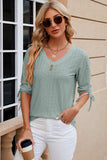 Eyelet Drawstring V-Neck Half Sleeve T-Shirt - Trendsi - Flyclothing LLC