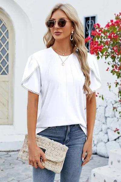 Round Neck Petal Sleeve T-Shirt - Trendsi - Flyclothing LLC