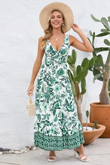 Printed V-Neck Wide Strap Dress - Trendsi
