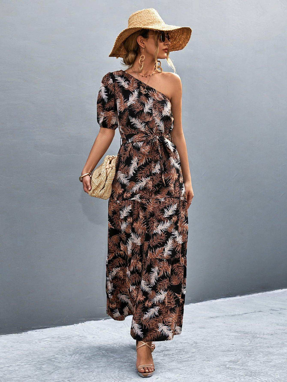 Printed Tie Waist One Shoulder Maxi Dress - Trendsi - Flyclothing LLC