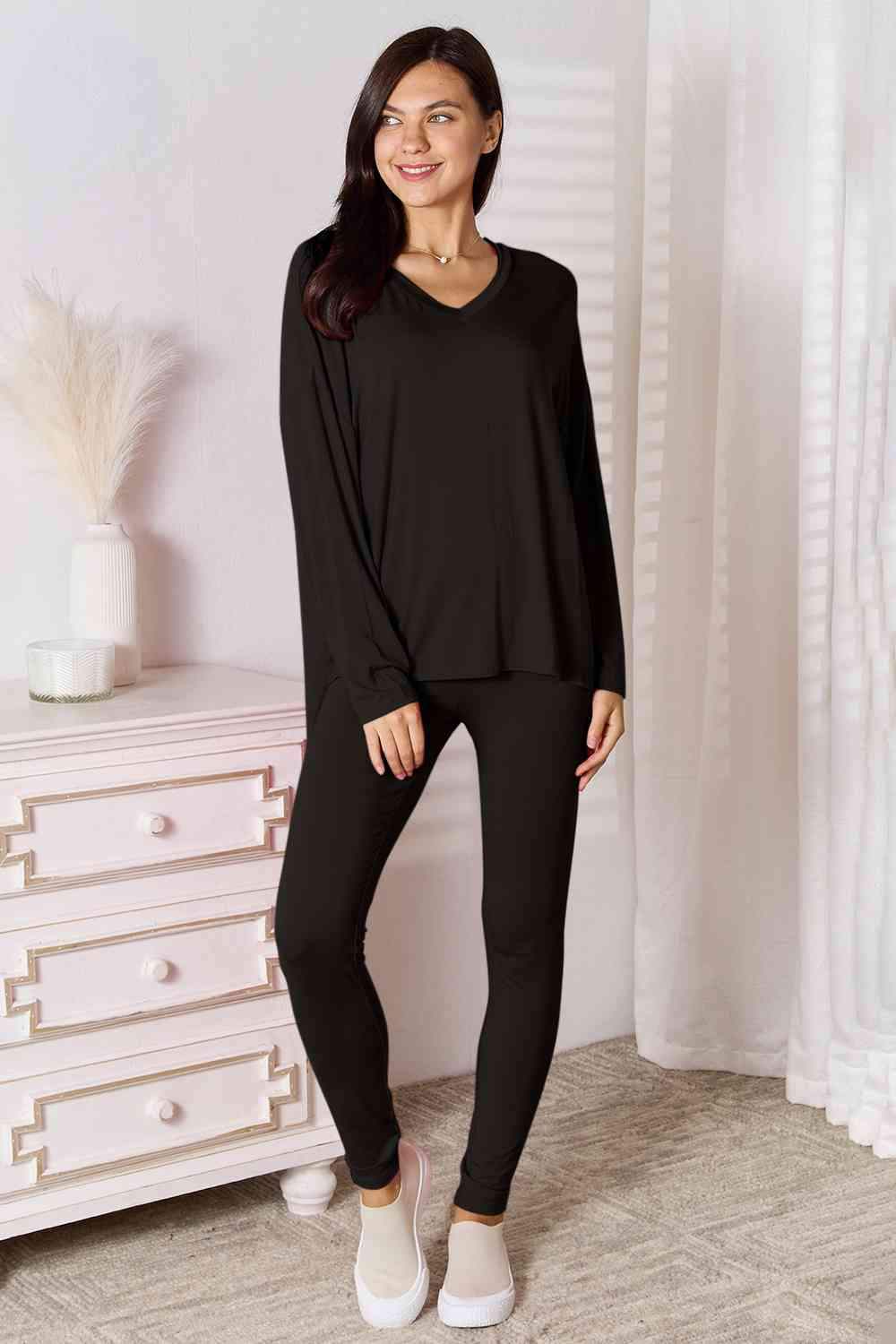 Basic Bae Full Size V-Neck Soft Rayon Long Sleeve Top and Pants Lounge Set - Trendsi - Flyclothing LLC