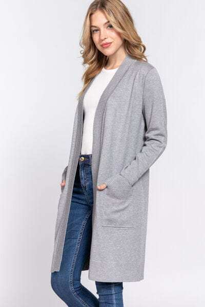 ACTIVE BASIC Open Front Rib Trim Long Sleeve Knit Cardigan - Trendsi - Flyclothing LLC