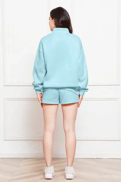 Half Zip Long Sleeve Sweatshirt and Drawstring Shorts Set - Trendsi - Flyclothing LLC