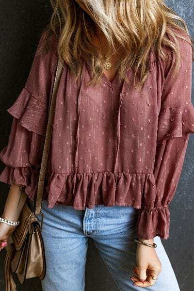 Swiss Dot Tie Neck Flounce Sleeve Blouse - Trendsi - Flyclothing LLC
