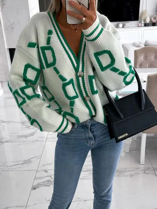 Geometric Dropped Shoulder Button Down Cardigan - Trendsi - Flyclothing LLC