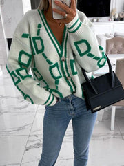 Geometric Dropped Shoulder Button Down Cardigan - Trendsi