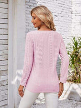 Decorative Button Openwork V-Neck T-Shirt - Trendsi - Flyclothing LLC