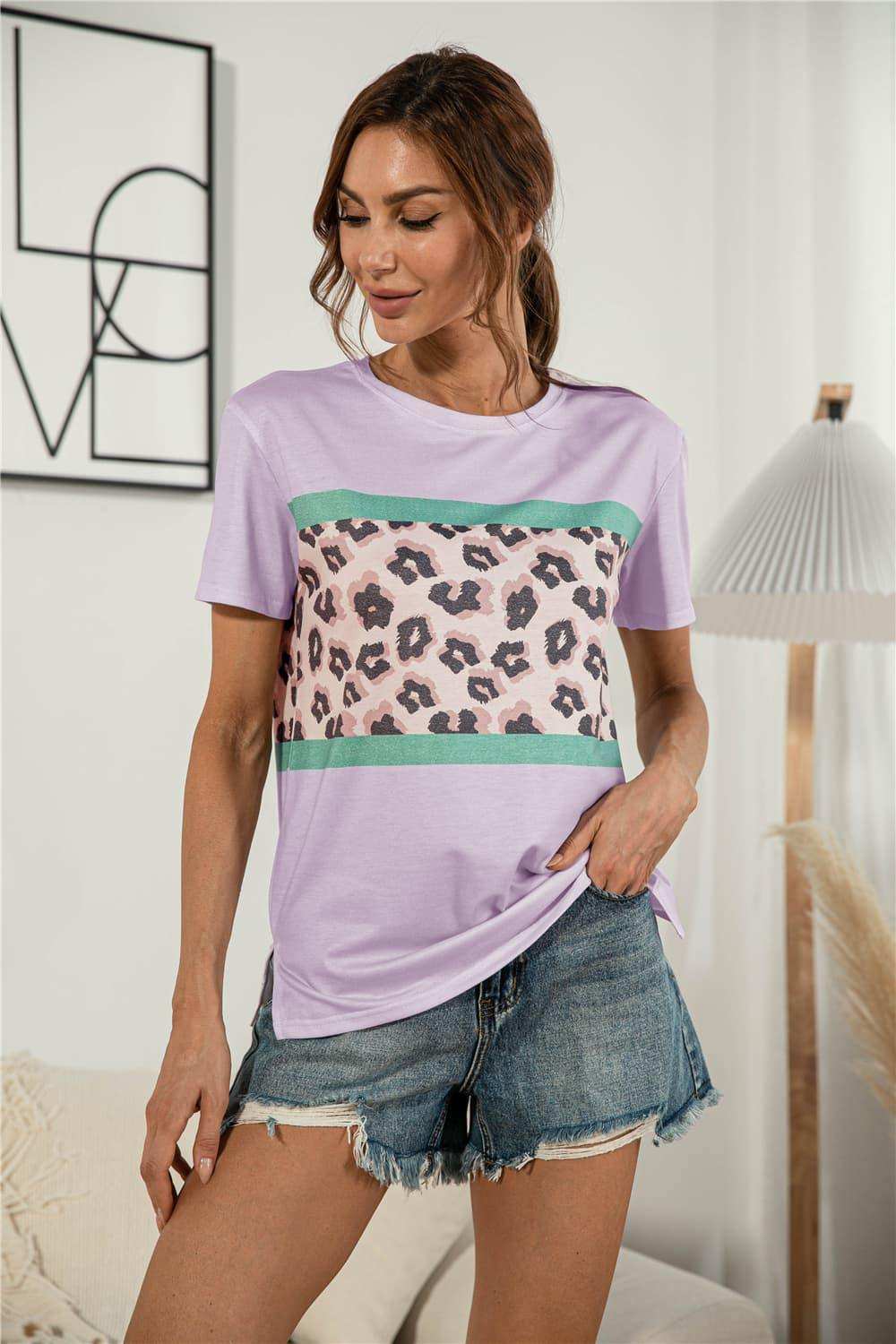 Leopard Color Block Side Slit Tee - Trendsi - Flyclothing LLC