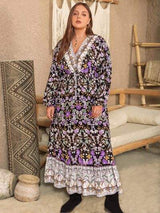 Plus Size V-Neck Balloon Sleeve Printed Midi Dress - Trendsi - Flyclothing LLC