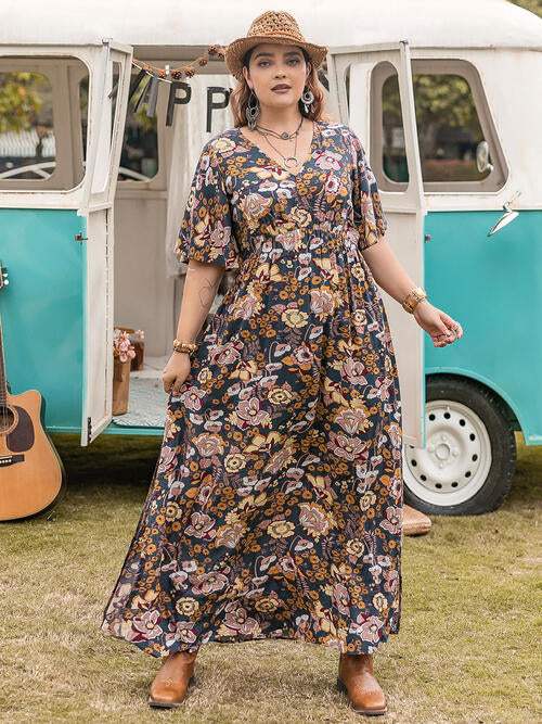 Floral V-Neck Short Sleeve Slit Dress - Trendsi - Flyclothing LLC
