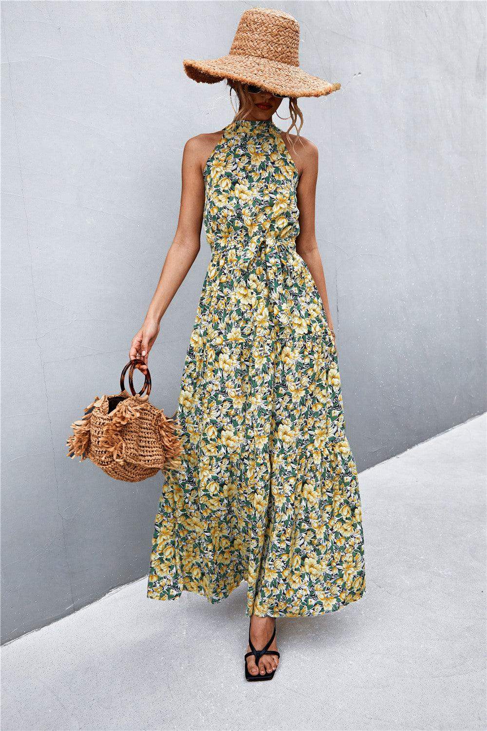 Printed Sleeveless Tie Waist Maxi Dress - Trendsi - Flyclothing LLC