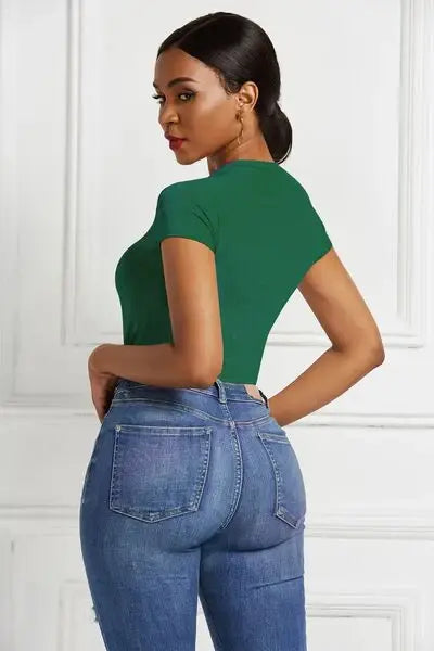 Round Neck Short Sleeve Bodysuit - Trendsi - Flyclothing LLC