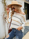 Eyelet Striped Round Neck Knit Top - Trendsi