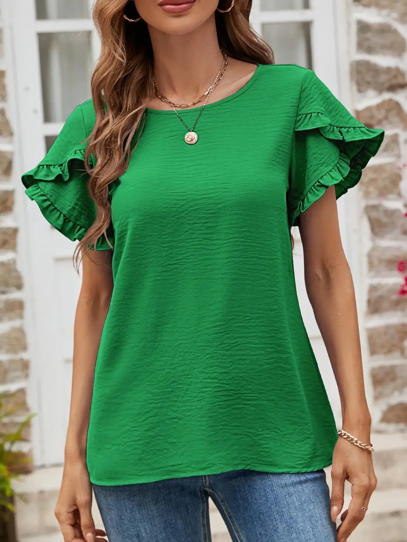 Textured Petal Sleeve Round Neck Tee - Trendsi - Flyclothing LLC