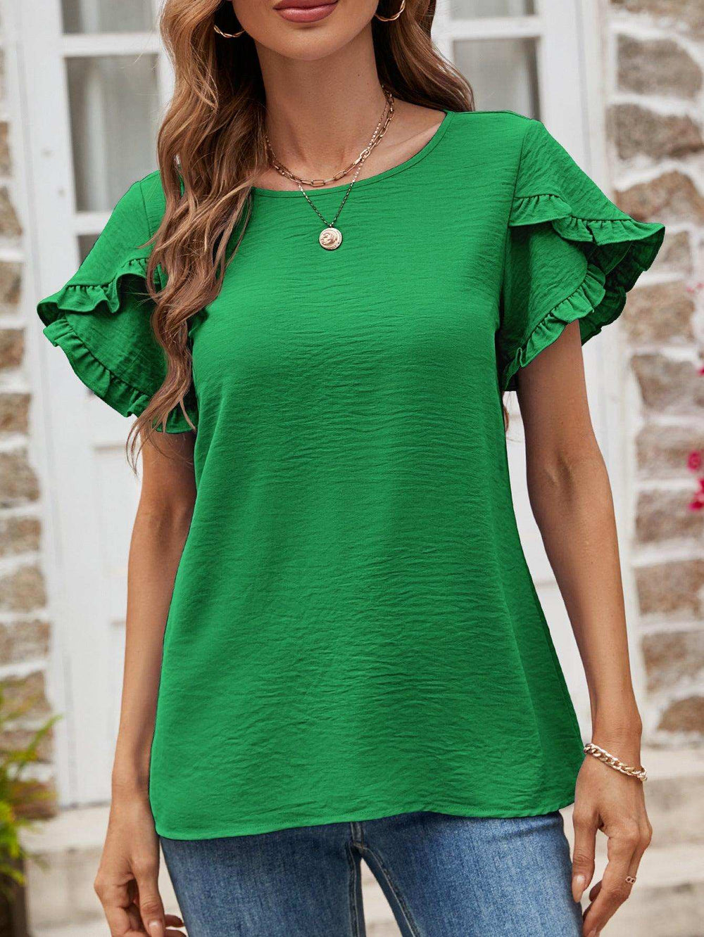 Textured Petal Sleeve Round Neck Tee - Trendsi - Flyclothing LLC