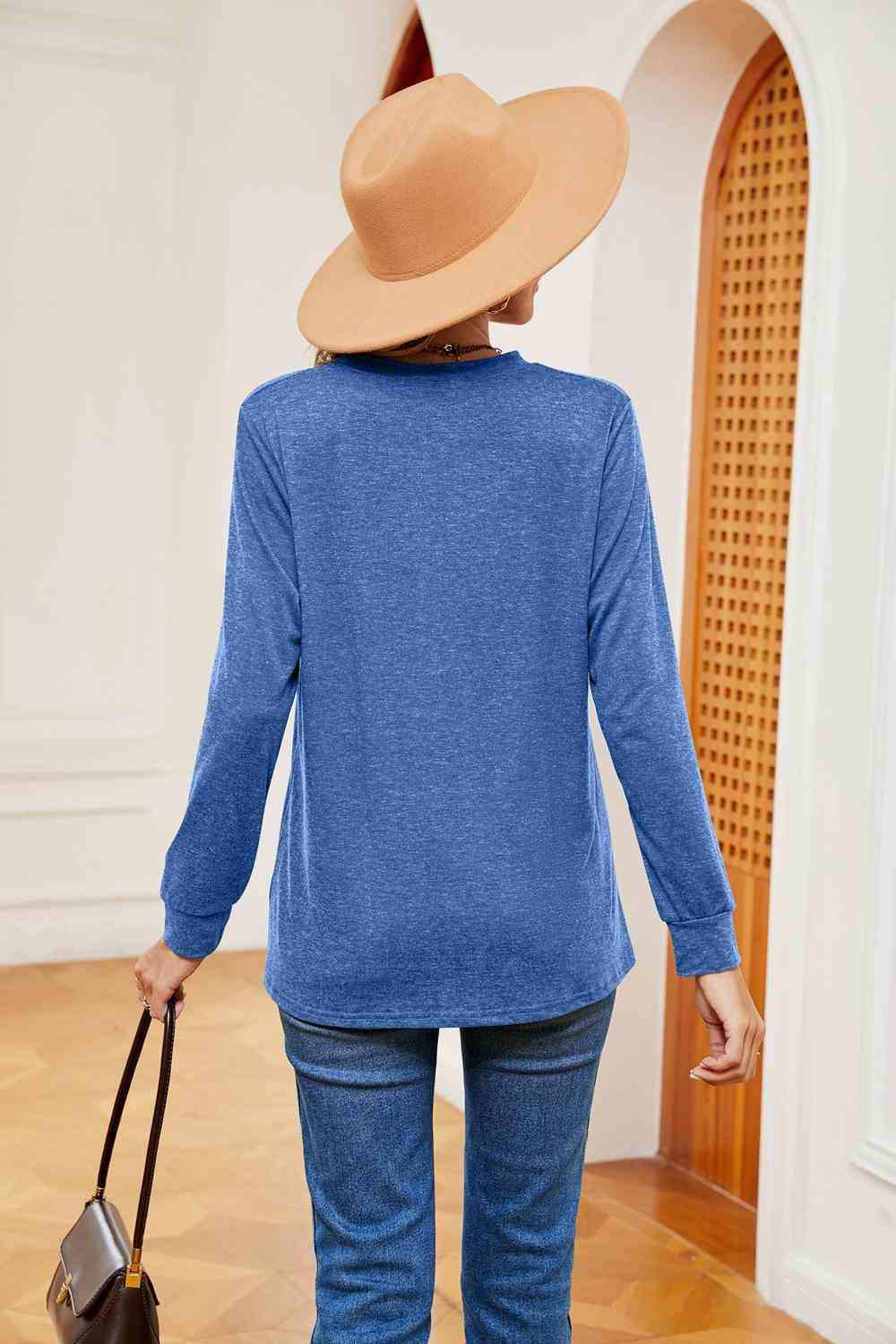 Buttoned Notched Neck Long Sleeve Top - Trendsi - Flyclothing LLC