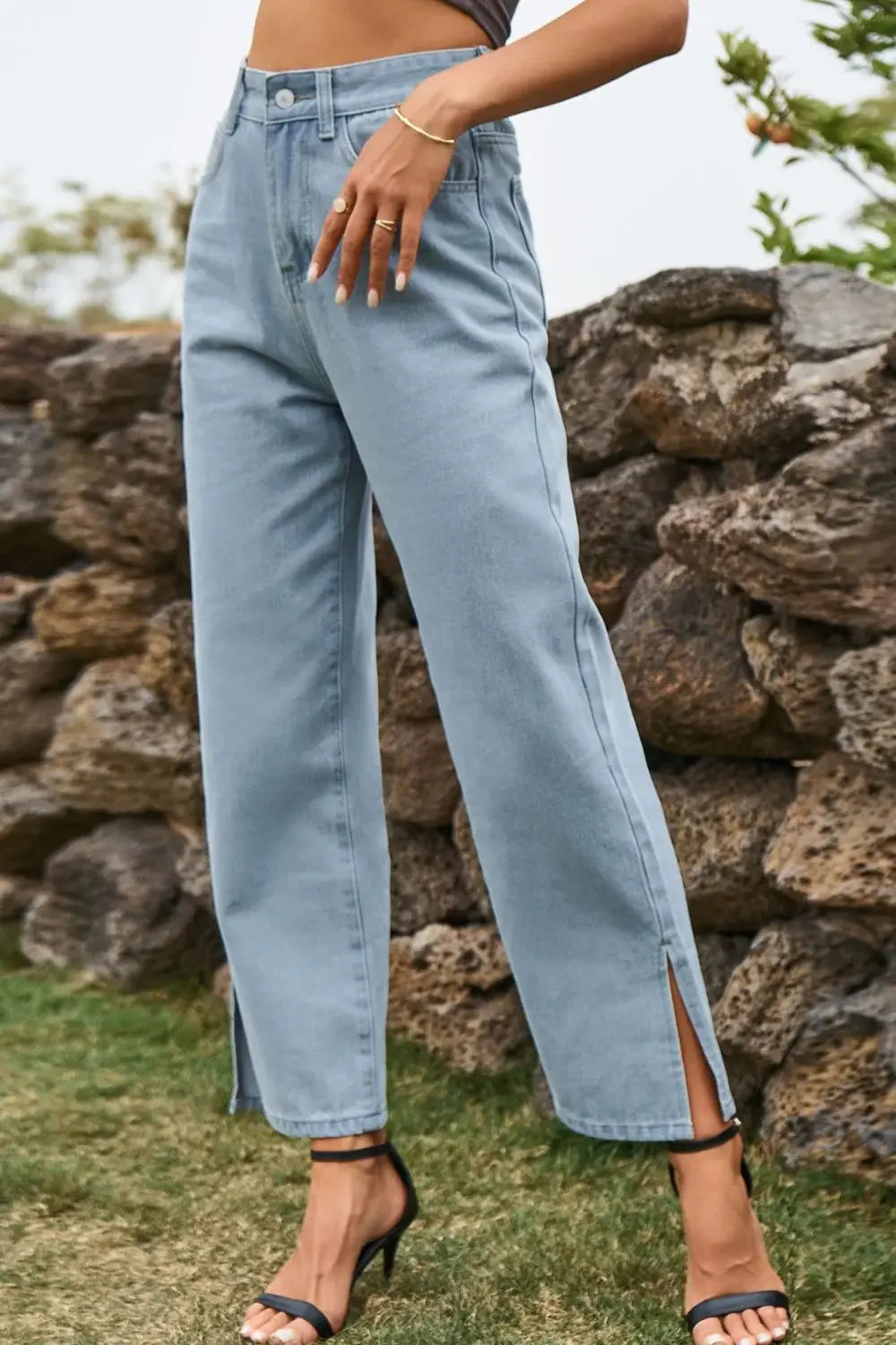 High Waist Loose Fit Ankle Slit Jeans - Trendsi - Flyclothing LLC