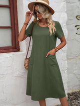 Round Neck Short Sleeve Dress with Pockets - Trendsi - Flyclothing LLC