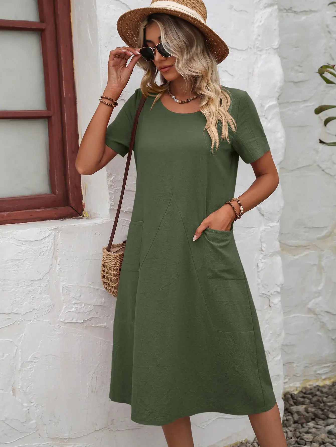 Round Neck Short Sleeve Dress with Pockets - Trendsi - Flyclothing LLC