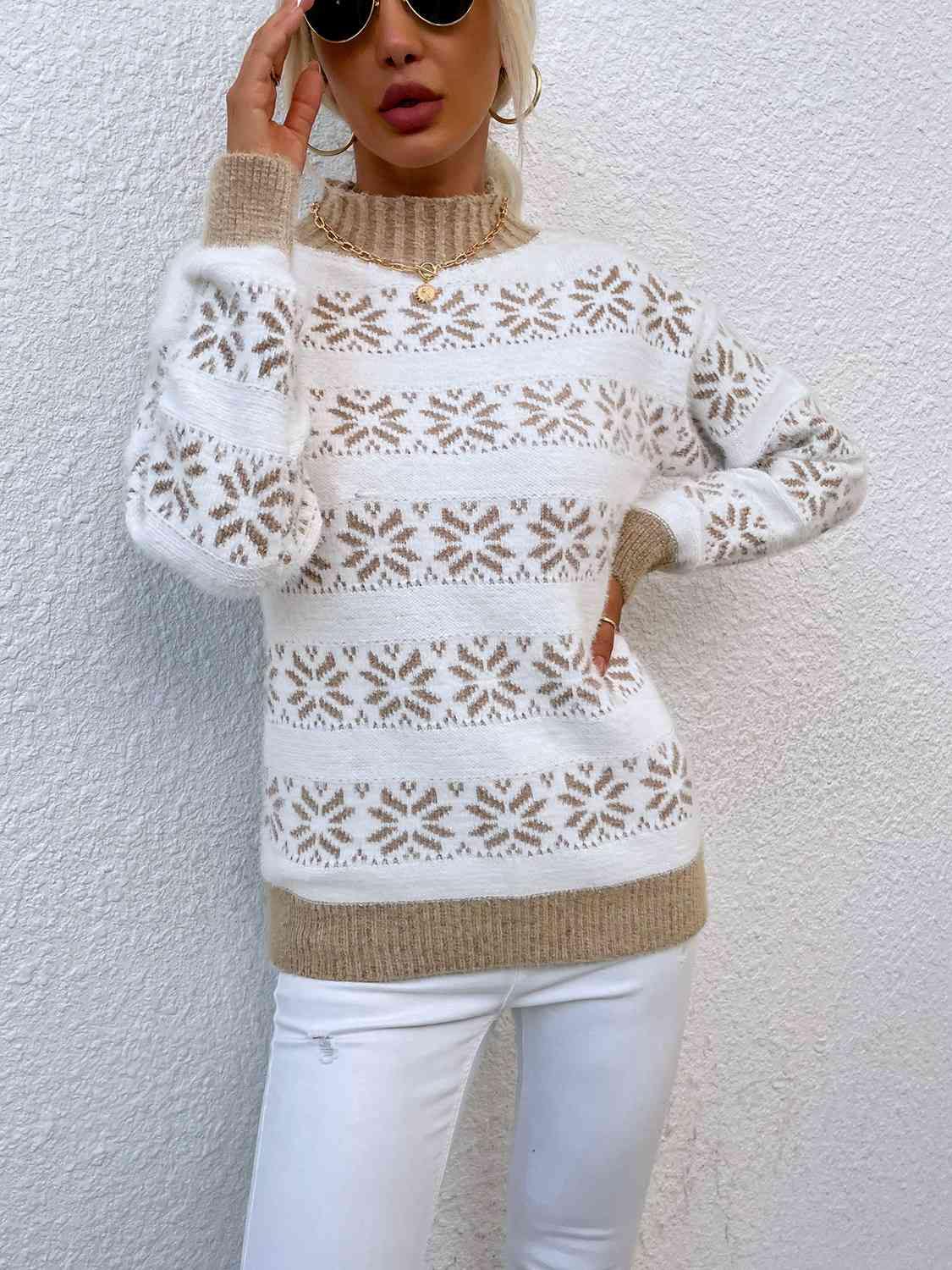 Snowflake Pattern Mock Neck Sweater - Trendsi