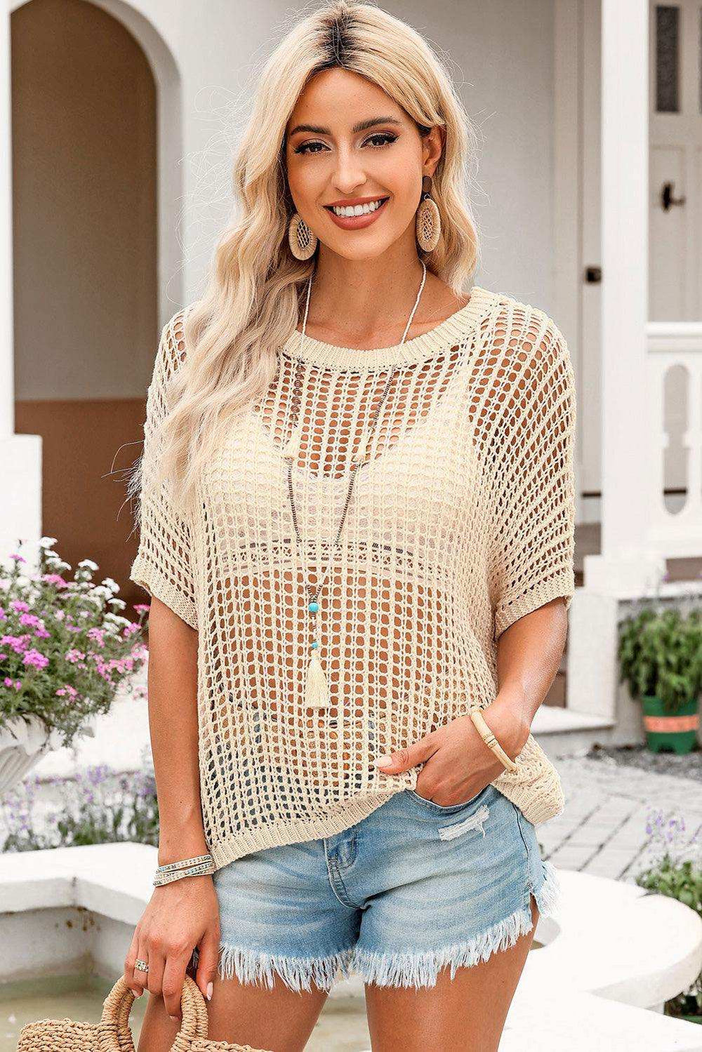 Openwork Round Neck Half Sleeve Knit Top - Trendsi - Flyclothing LLC