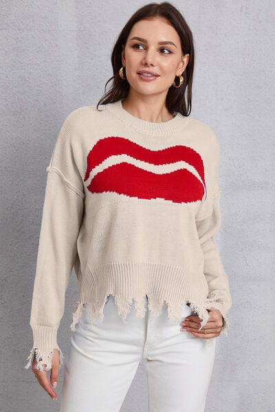Lip Fringe Round Neck Sweater - Trendsi