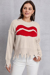 Lip Fringe Round Neck Sweater - Trendsi