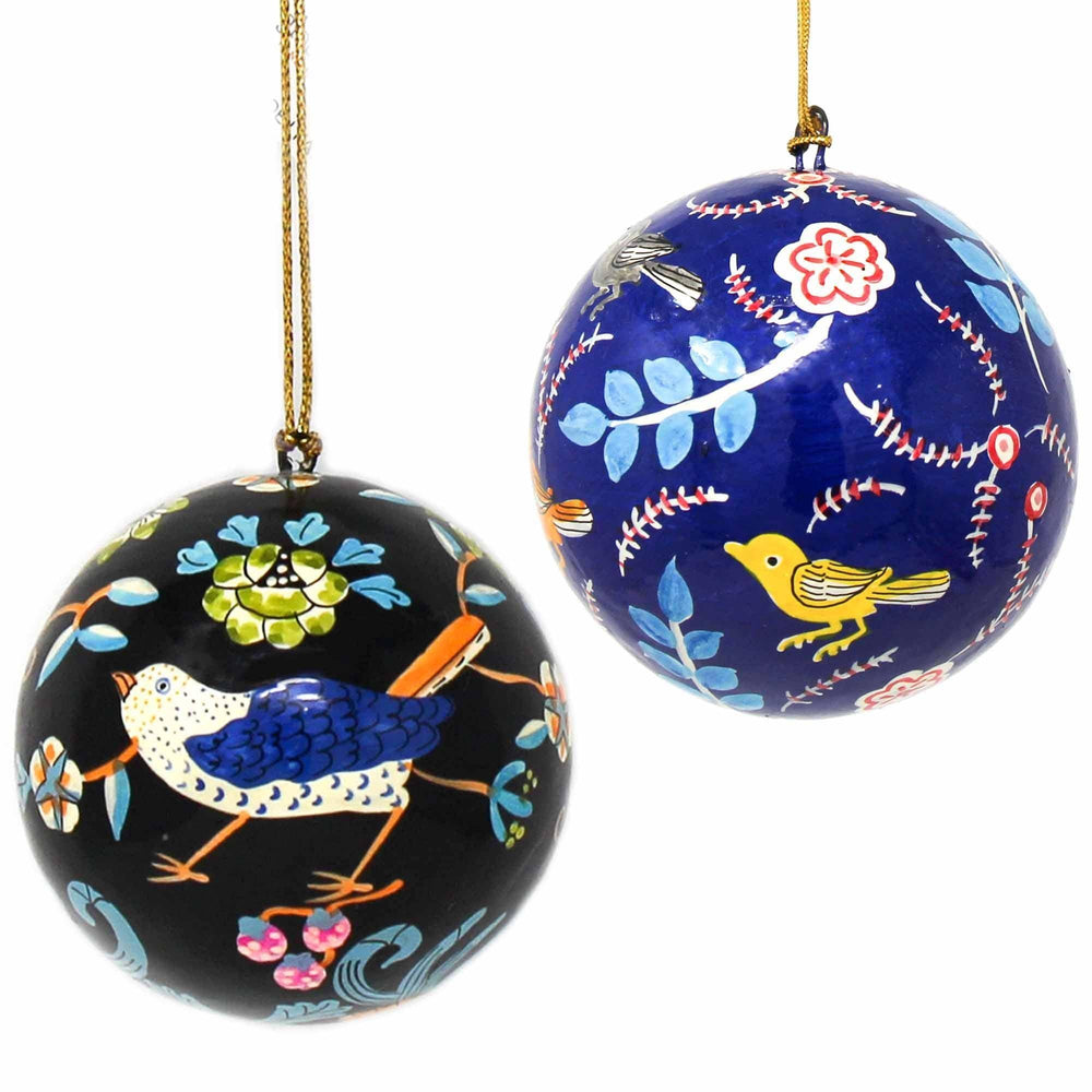 Handpainted Birds with Flowers Ornament, Set of 2 - Asha Handicrafts