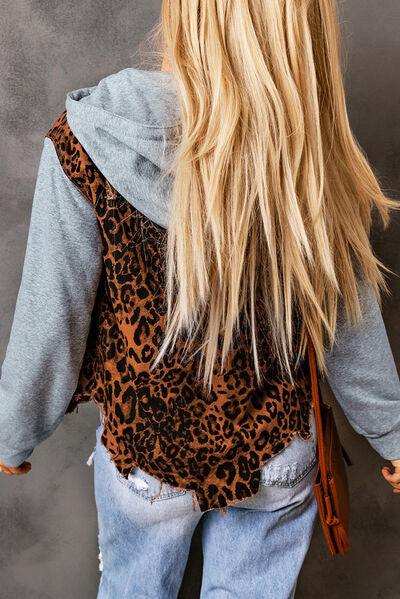 Leopard Distressed Drawstring Hooded Denim Jacket - Trendsi - Flyclothing LLC