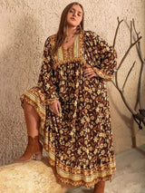 Plus Size Printed V-Neck Balloon Sleeve Dress - Trendsi - Flyclothing LLC
