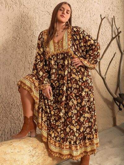 Plus Size Printed V-Neck Balloon Sleeve Dress - Trendsi - Flyclothing LLC