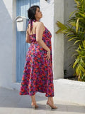 Plus Size Slit Floral Halter Neck Dress - Trendsi