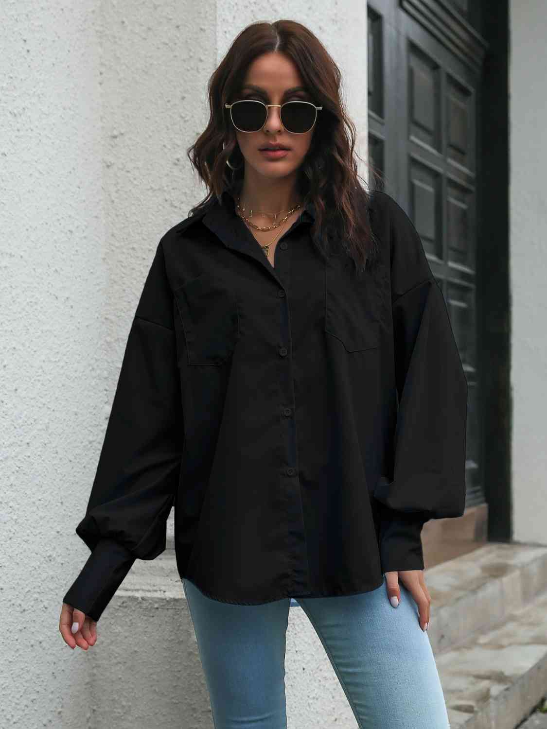 Collared Neck Dropped Shoulder Buttoned Shirt - Trendsi - Flyclothing LLC