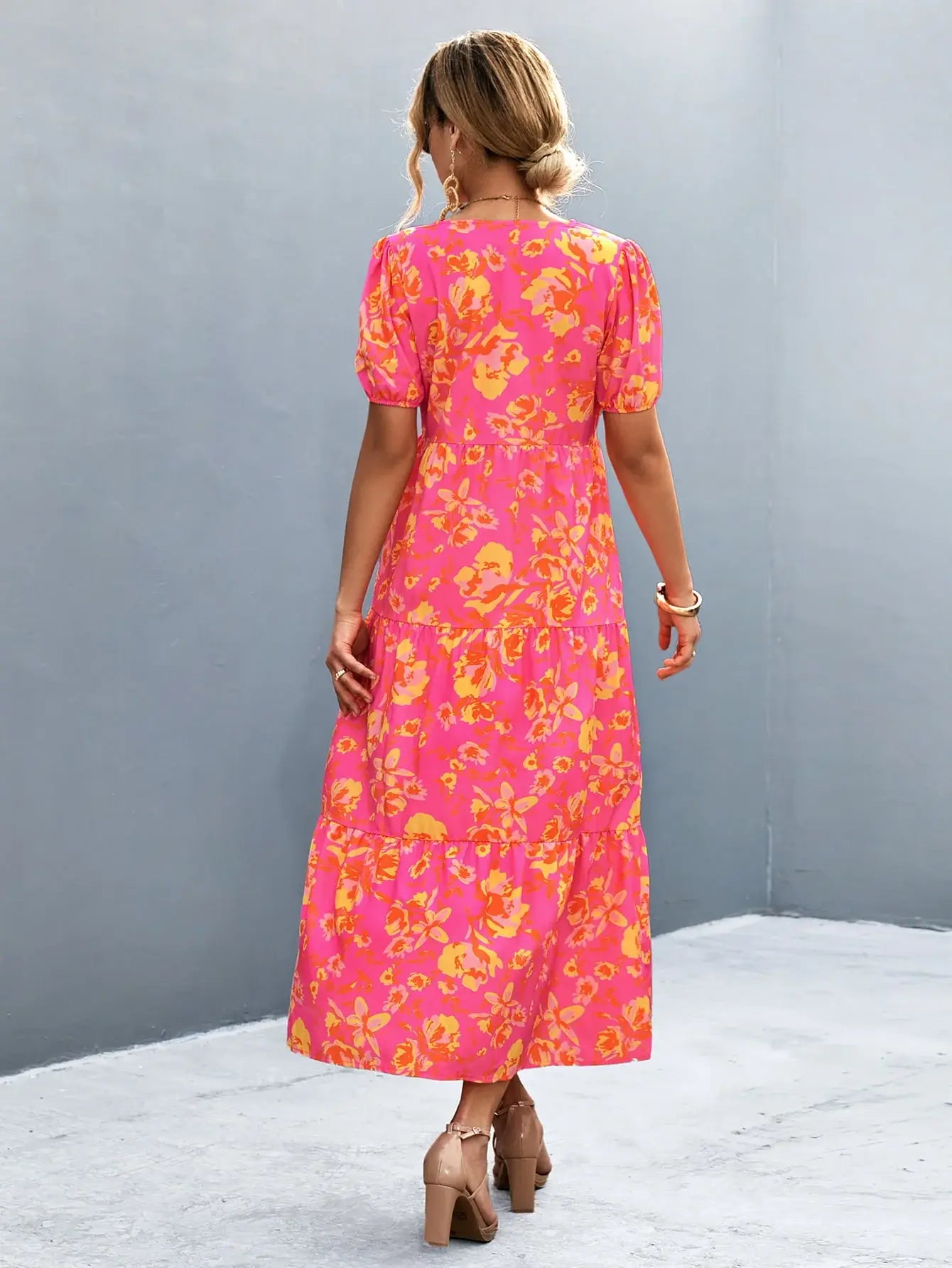 V-Neck Short Sleeve High Slit Midi Dress - Trendsi - Flyclothing LLC